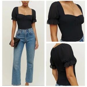 Reformation Black Puff Sleeve Delevan Top